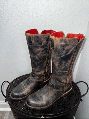 Bed Stu Black Leather Moto Boots with Red Lining